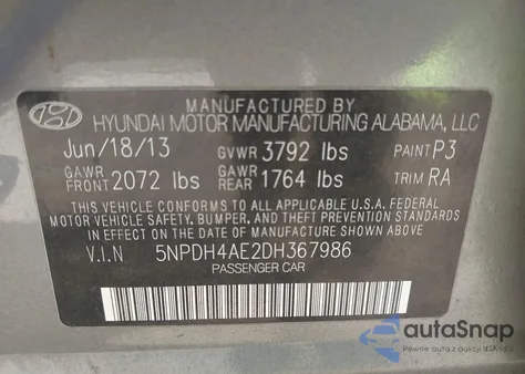 2013 Hyundai Elantra Gls z USA, uszkodzony, nr VIN 5NPDH4AE2DH367986